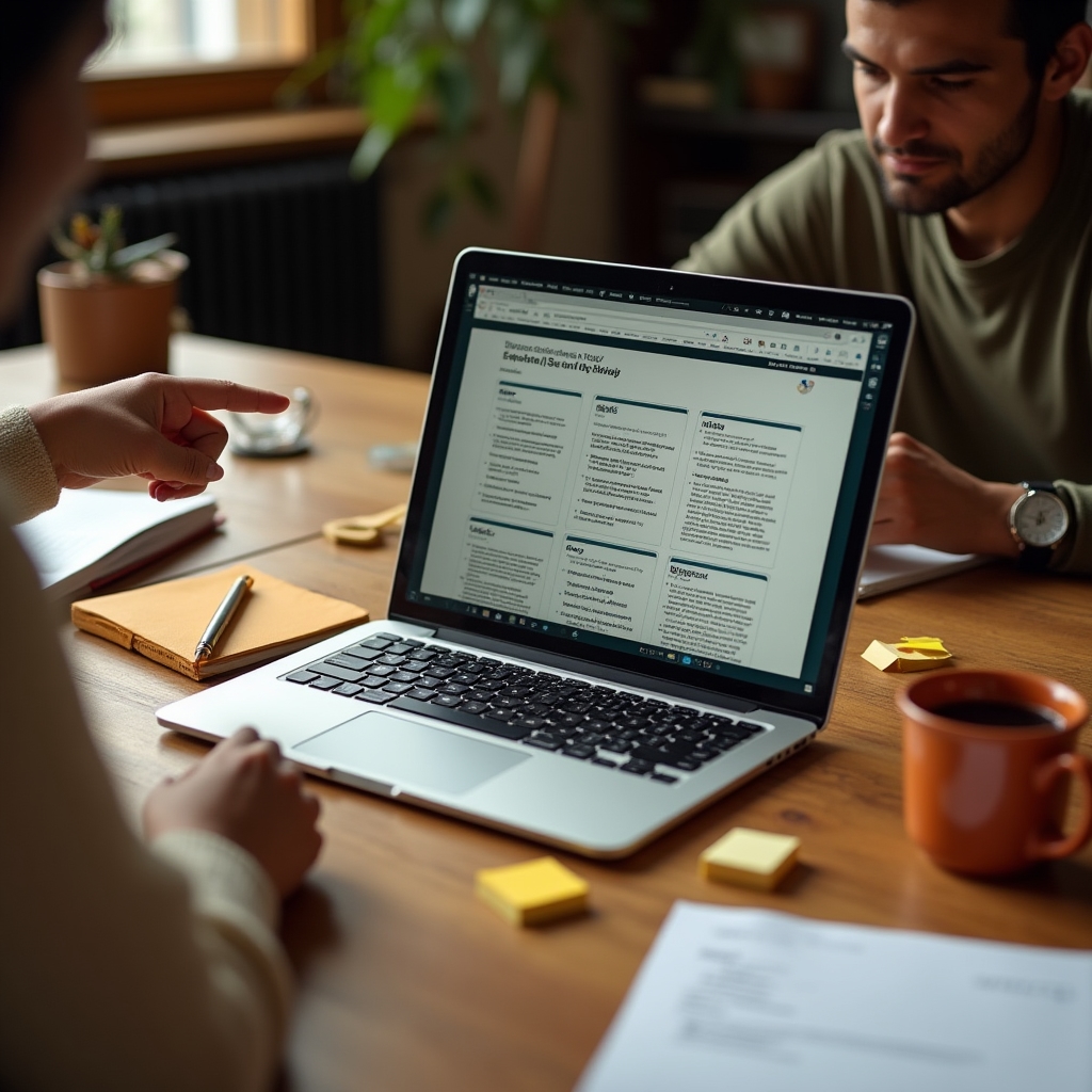 Content team browsing editorial templates on a desk with a laptop and printed brief
